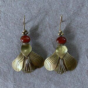 Vintage Brass & Carnelian Earrings, Artisan Modernist, Egyptian Revival Art Deco